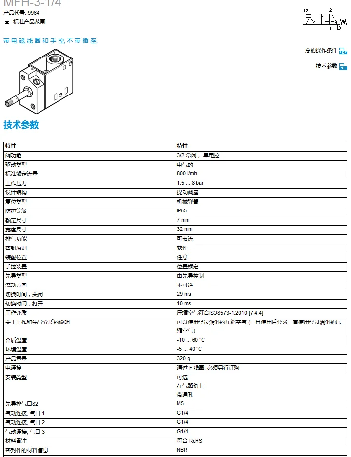 FESTO Festo Solenoid Valve 9964 MFH-3-1/4 In Stock.