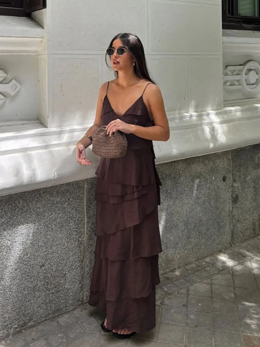 

Solid Ruffle Tiered Suspender Dresses Women Summer Sexy Deep V-neck Sleeveless Long Dress Female Elegant Fashion Casual Vestidos