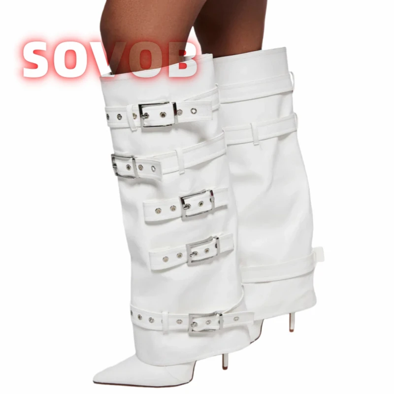 

Сапоги до колена со складками, женские шикарные туфли на высоком каблуке-шпильке с металлическими пряжками, женские зимние великолепные тонкие высокие сапоги с острым носком