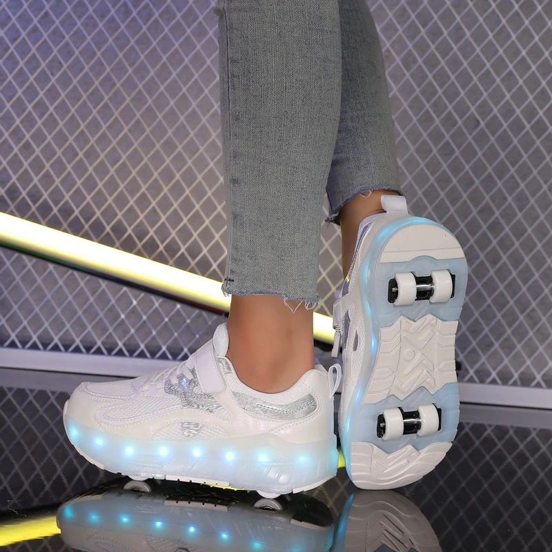 أحذية مشي للأطفال قابلة للتنفس بعجلة مزدوجة قابلة للإزالة ومخفية لشحن المراهقين مع أضواء زلاجات دوارة مضيئة ملونة #5
