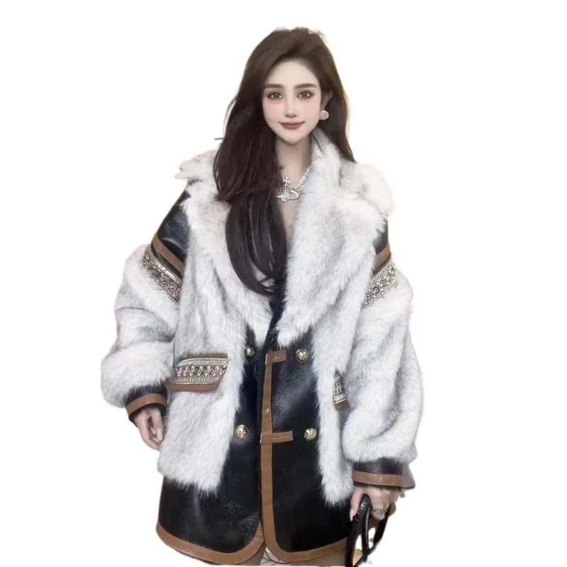 Leather Fur Patchwork Faux Fur Coat Women Winter Coat Embroideries Single Breasted Clothes Plus Size Fluffy Jacket Luxury Ladies