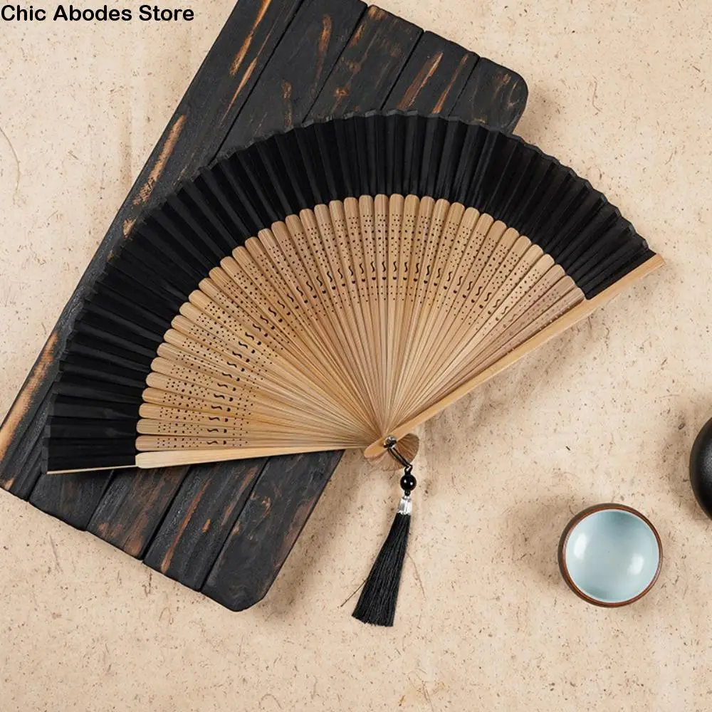 Decorative Fan Carved Handle Bamboo Folding Fan with Tassel Handhold Chinese Fan Vintage Dance Fan Gift