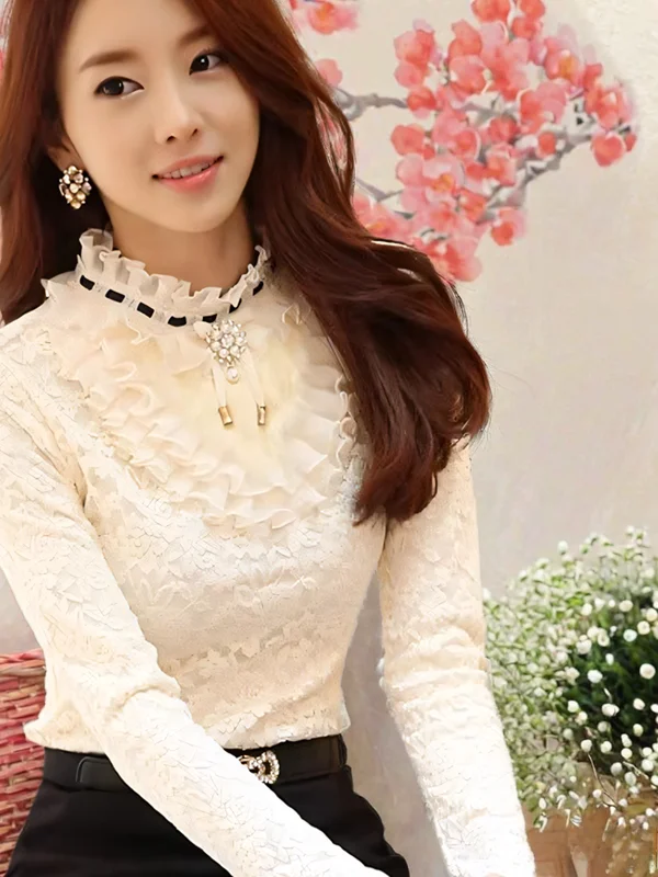 Women's Lace Base Layer T-Shirt Net Inner Wear Thickened Long Sleeve V-Neck Warm Fashionable Korean Style Polyester Fabric