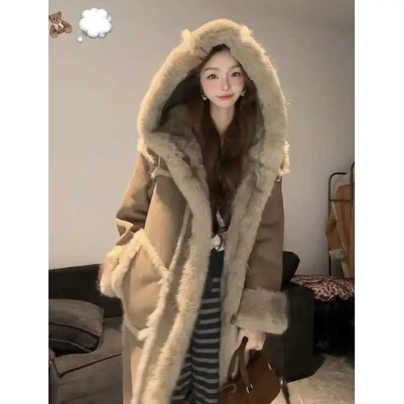 2025 Autumn/Winter Double sided Wear Medium long Flip Collar Long V-neck Thickened Hairy Collar Show Thin Pas Strip Minimalist