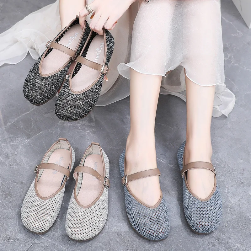 

2026 женская вязаная сетчатая обувь Мэри Джейн на плоской подошве, дышащая удобная повседневная летняя обувь Q-459