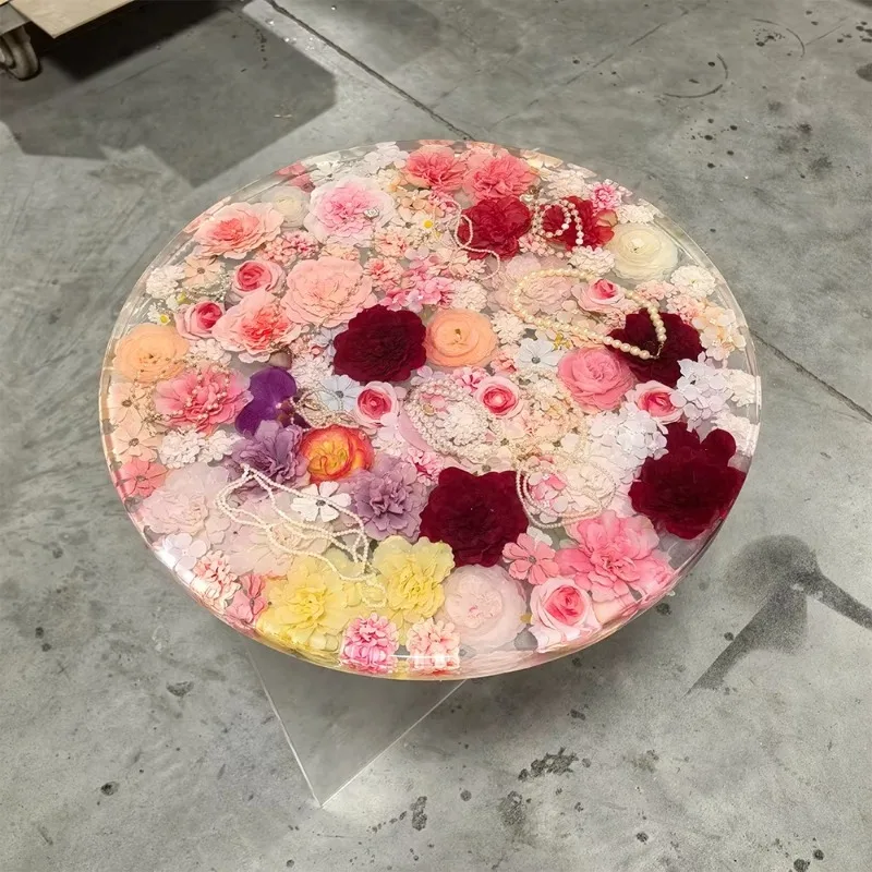 

Customized handmade creative design jewelry desktop romantic elegant round coffee table flower resin table