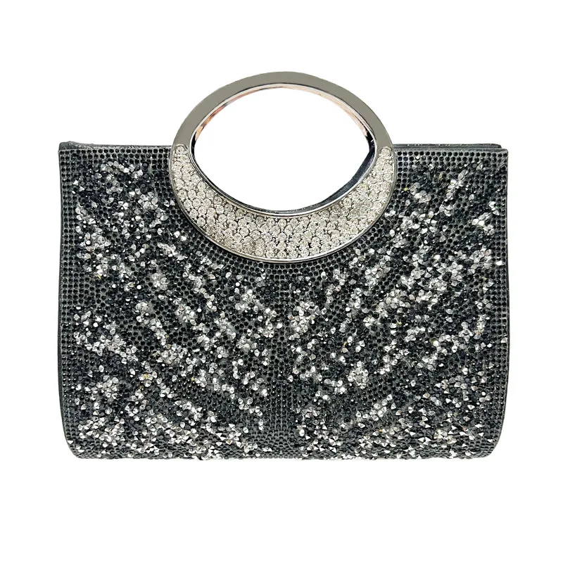 Black Base Starry Rhinestone Crescent Crystal Ring Handle Clutch Women Elegant Evening Bag For Middle Aged Ladies Prom Wedding