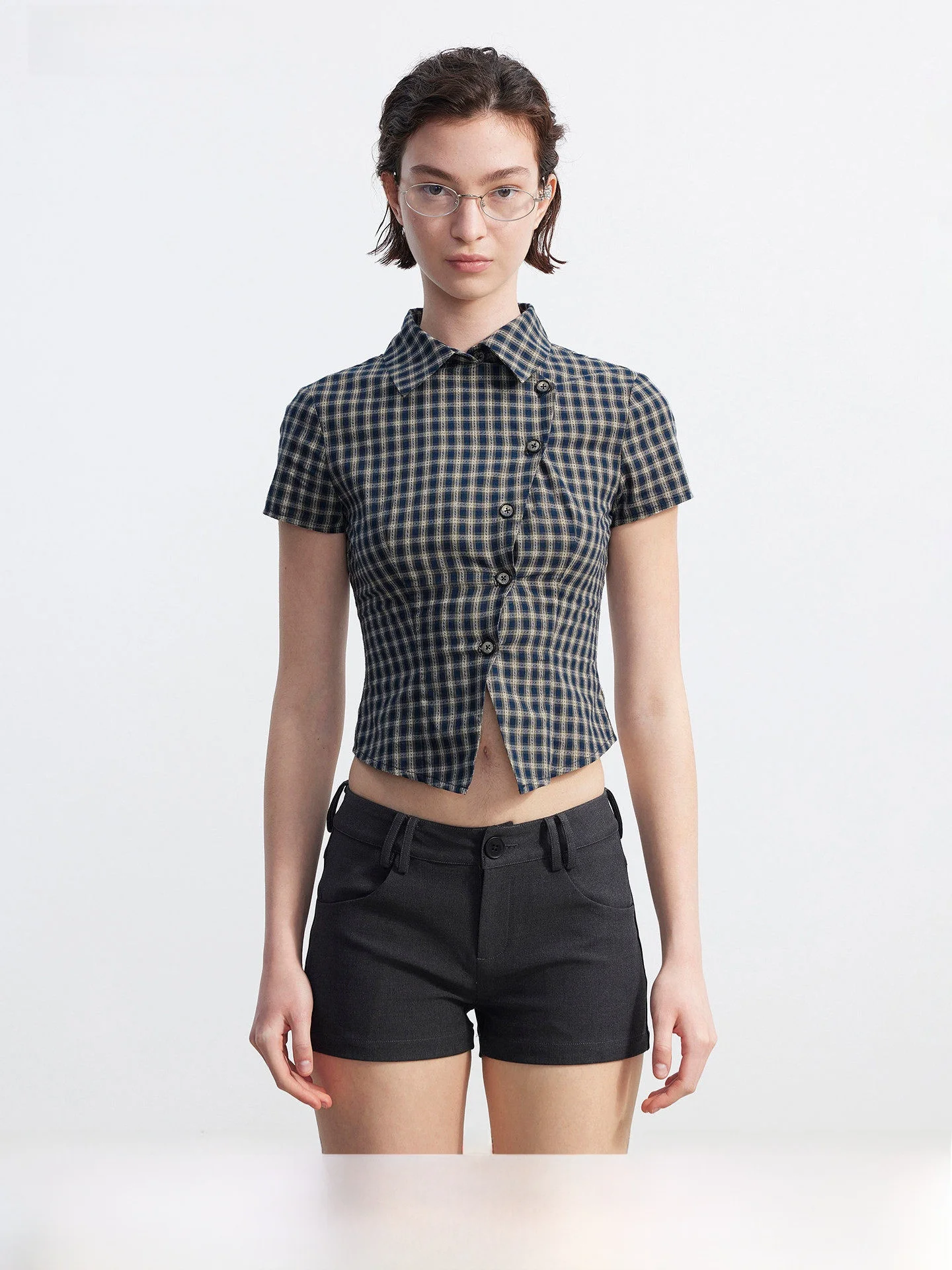 

AFTADAWN Retro Cotton Plaid Texture Asymmetrical Waist Cinching Short Sleeve Shirt Women's Skin-friendly Breathable Top
