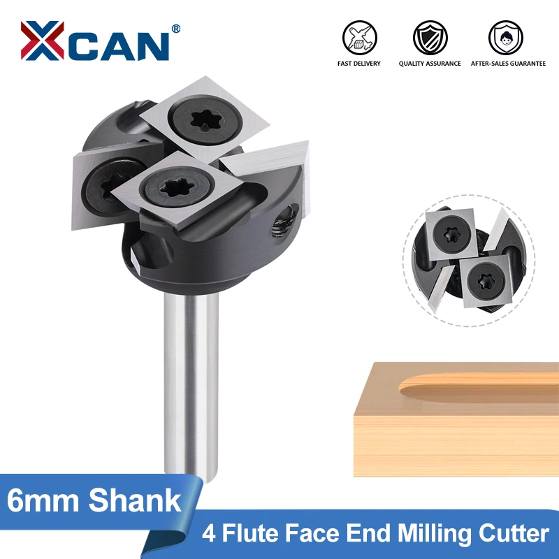 XCAN 4 Flute Face End Milling Cutter for Wood 6mm Shank Planing Bits Insert-Style Spoilboard CNC Surfacing Router Bit