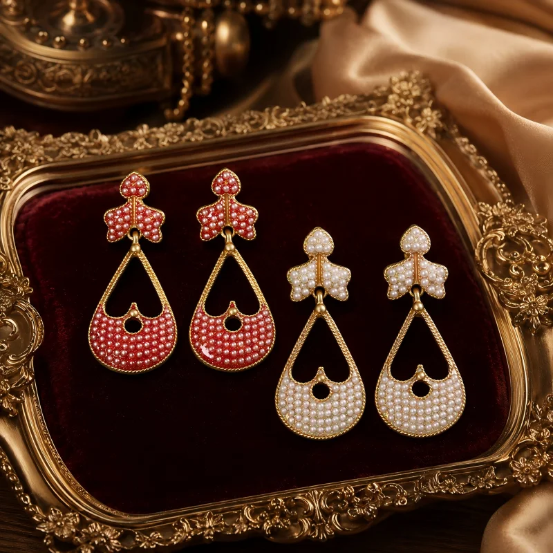 

Vintage Hollow Heart Drop Earrings for Women Faux Pearl Enamel Teardrop Dangle Earrings Party Jewelry Gift