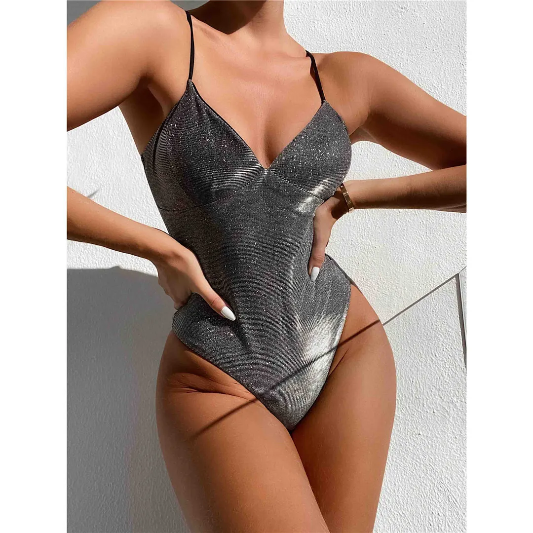 S - XL Neuer, sexy Badeanzug mit V-Ausschnitt und hohem Beinausschnitt, einteilig, Damen-Badebekleidung, glänzender, glitzernder, funkelnder Badeanzug, Modell V2631 – Detail 11