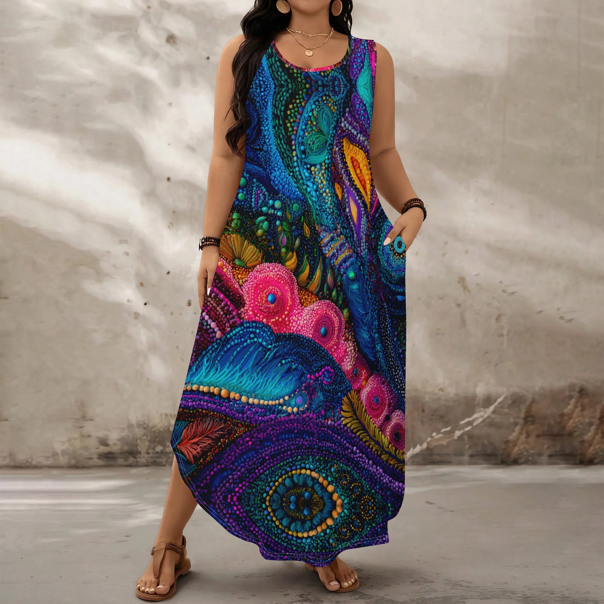 

Women's Dot Mosaic Sleeveless Maxi Dress, Round Neck Loose Fit A-Line Sundress, Plus Size XL-6XL, Casual Vacation