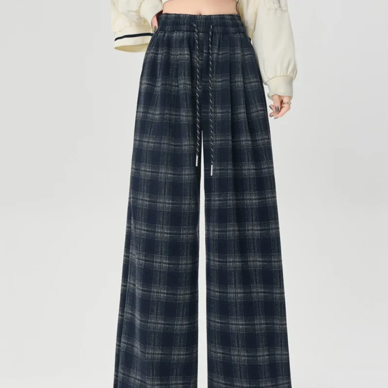 Woolen Plaid Straight Pants for Women Harajuku Autumn Winter Retro Casual Trousers Baggy Elastic High Waist Wide Leg Pants Mujer