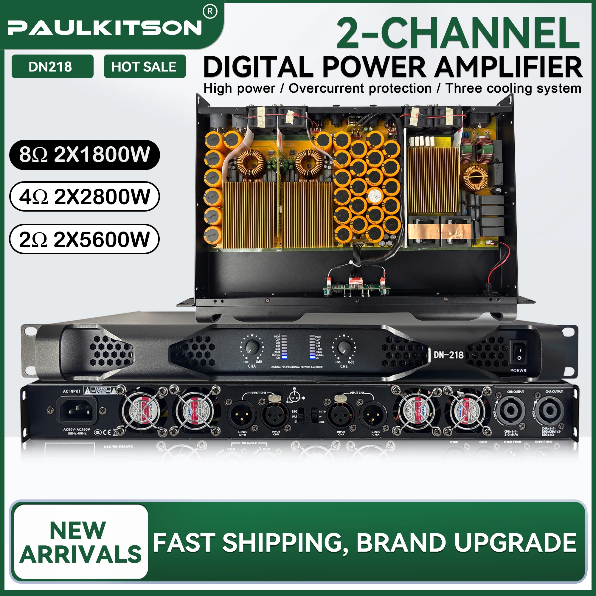 Paulkitson DN218 2-Kanal Professioneller Leistungsverstärker Klasse-D Hochleistungs-2Ω 2×5600W Audioverstärker für Live-Events, Bars und Bühnenlautsprecher