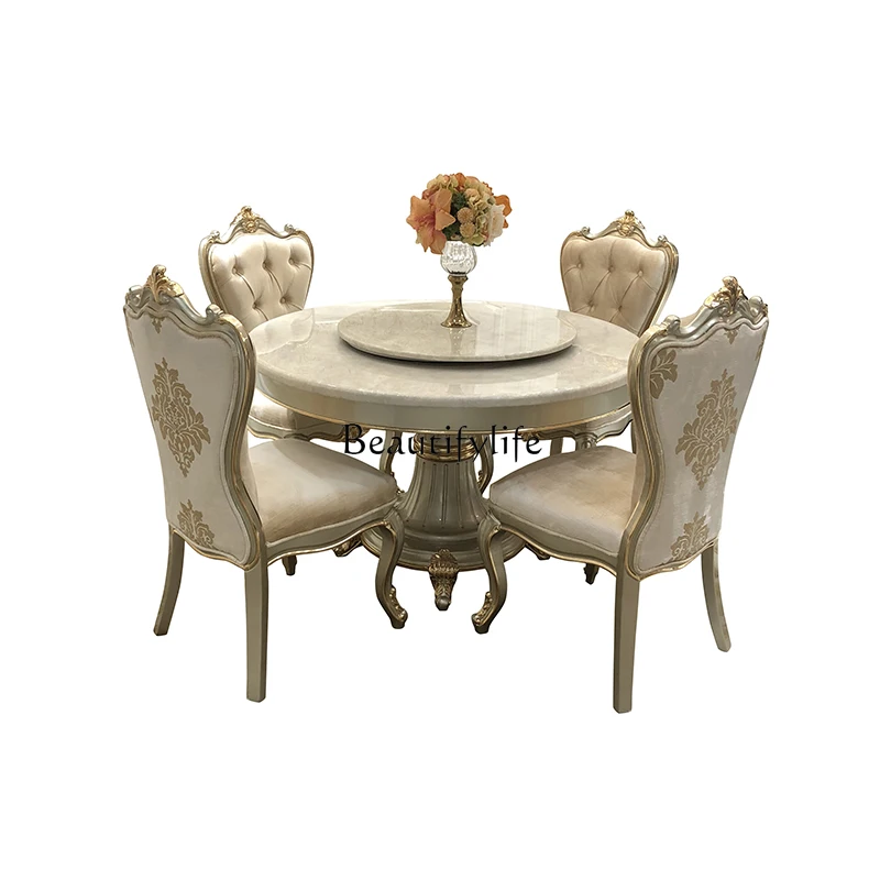 

*French luxury dining table and chair combination, European court marble round dining table restaurant