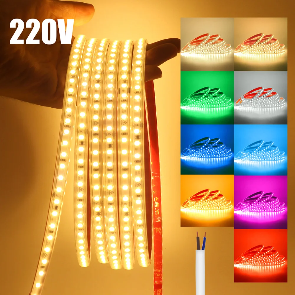 

AC 220V 2835 LED Strip Light with 2pin Wire Connector 120 Leds Flexible Diode Tape 9 Colors Waterproof High Brightness Lighting