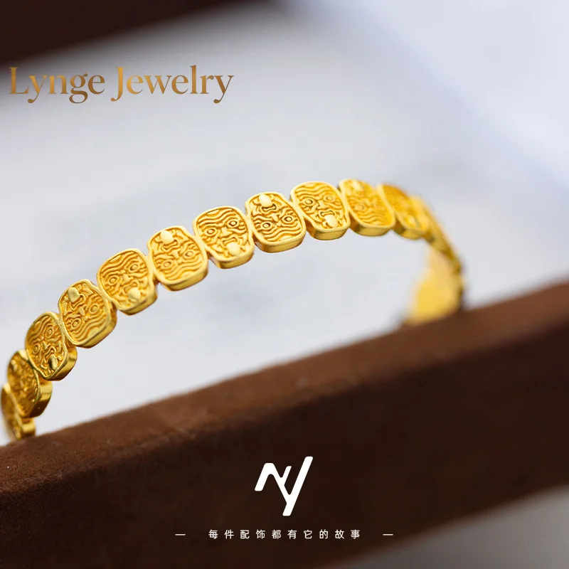 Lynge Jewelry 9999 ancient method engraved Zajiram Tibetan style retro bracelet ethnic style 24K real gold new Chinese style bra