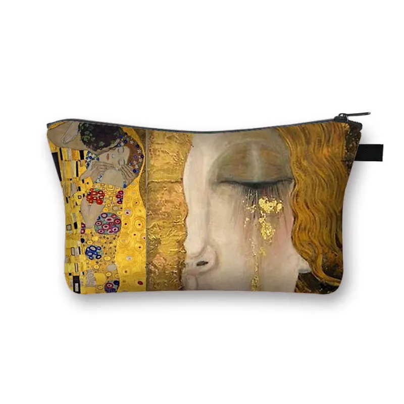 Gustav klimtによる油絵化粧品ケースkiss tears la virgen女性用化粧バッグ女の子用トイレタリーバッグ口紅化粧品バッグ