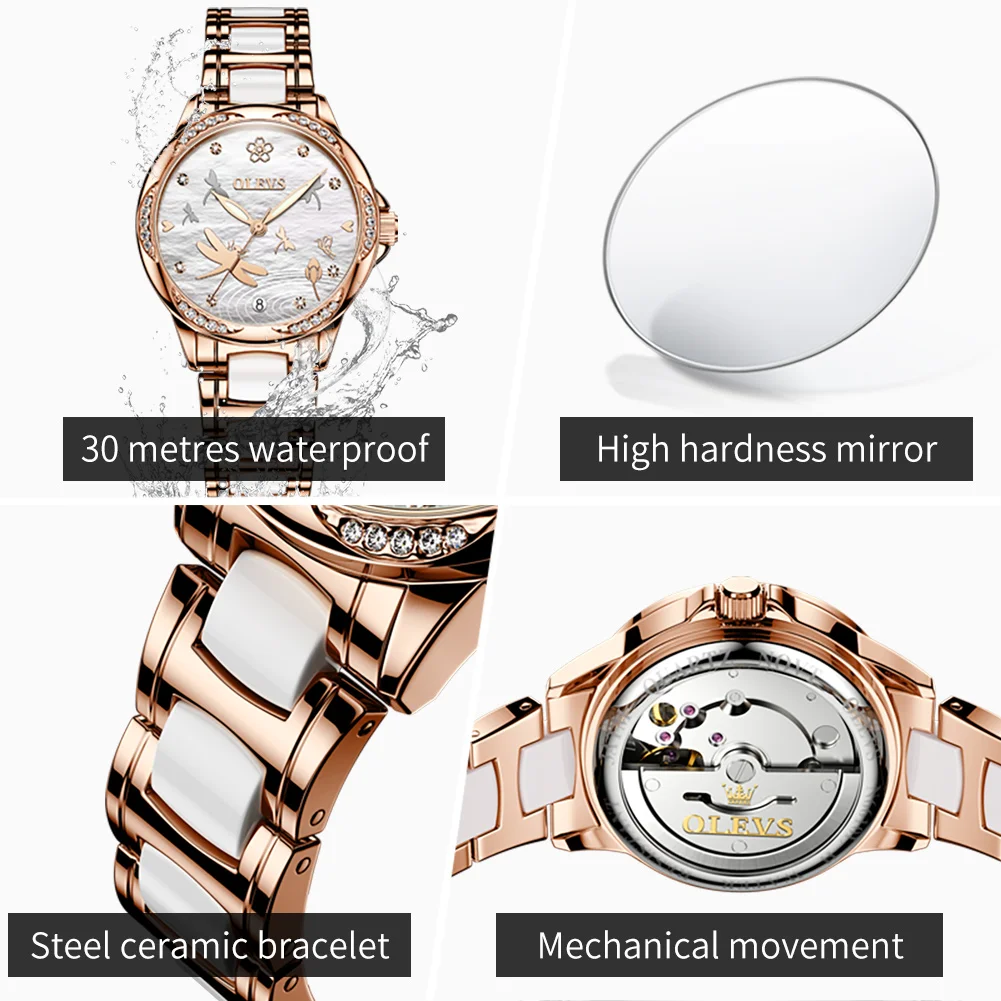 OLEVS 6610 Women's Mechanical Watches Elegant Rose Gold Ceramics Strap Ladies Watch Luxury Waterproof Automatic Watch for Women