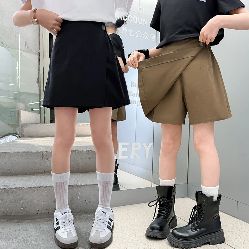 Fashion Design Tween Girls Summer Wrap Skirt Shorts For Teenage Child Elegant Streetwear Bottoms Kids Solid Shorts with Skirt