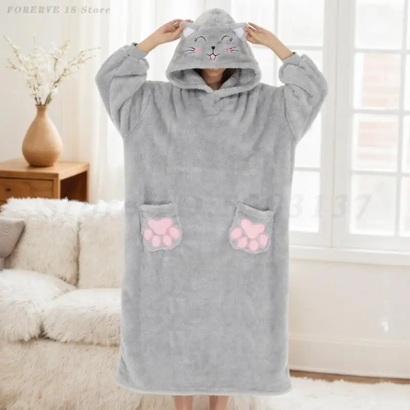 

Негабаритное носимое одеяло, халат с капюшоном для женщин, зимняя толстая ночная рубашка с котом, теплая пижама, домашняя одежда, мягкая домашняя одежда для сна
