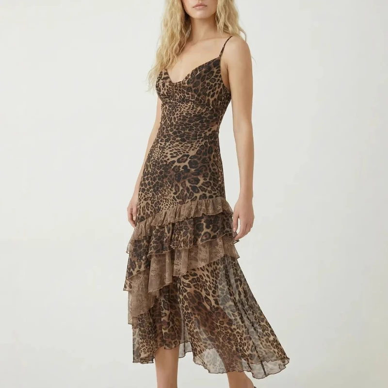

Leopard Print Dress Women's Summer Perspective Suspender Spice Girl Halter Ruffle Edge Long Dress Vacation Wear Mesh Skirt