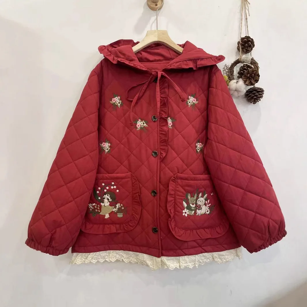 Cappotti con cappuccio imbottiti in cotone con ricamo floreale dolce ragazza giapponese Mori Donna Inverno Kawaii Patchwork di pizzo Addensare giacche Capispalla