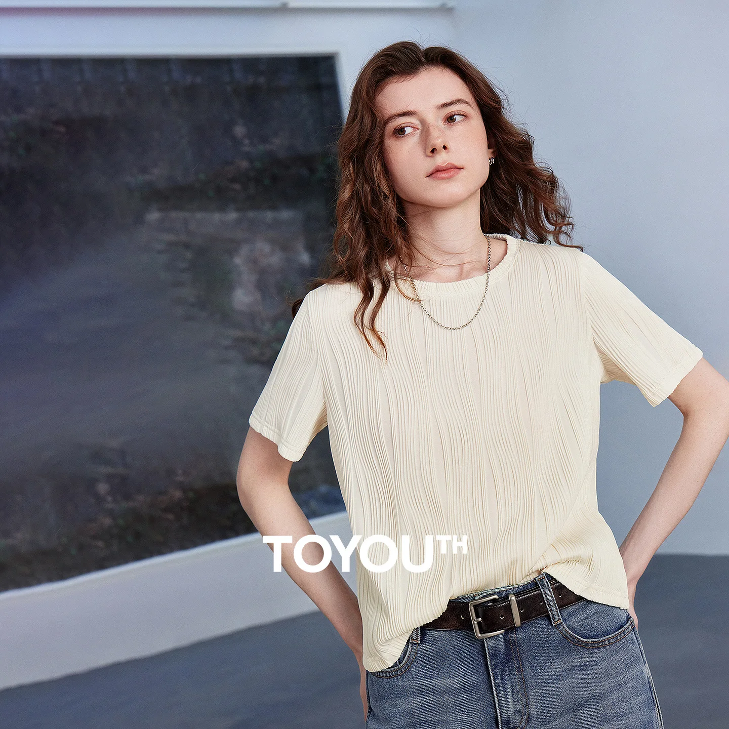 TOYOUTH Women Flowing Texture T-Shirt 2026 Summer New Crew Neck Artistic Niche Unique French Pullover Tops