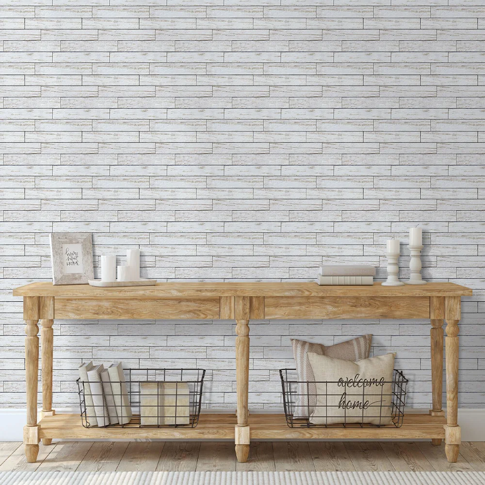 Impermeable, 11,8" x 11,8", juego de 10, paneles de pared autoadhesivos de imitación de madera blanca de PVC 3D, para granja, RV, decoración de pared