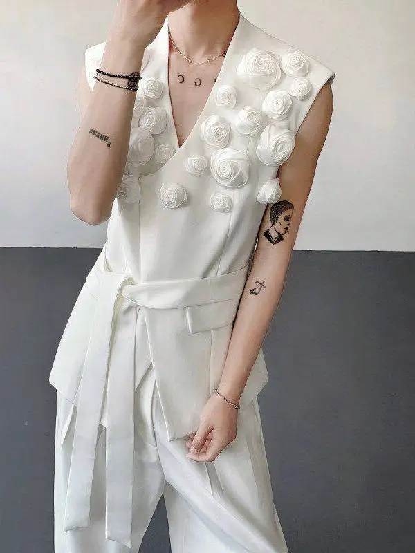 Male 2025 Summer New Sleeveless Fashion Suit Vests Male High-end Niche Three-dimensional Rose Tank Tops Trendy Masculinity Vest