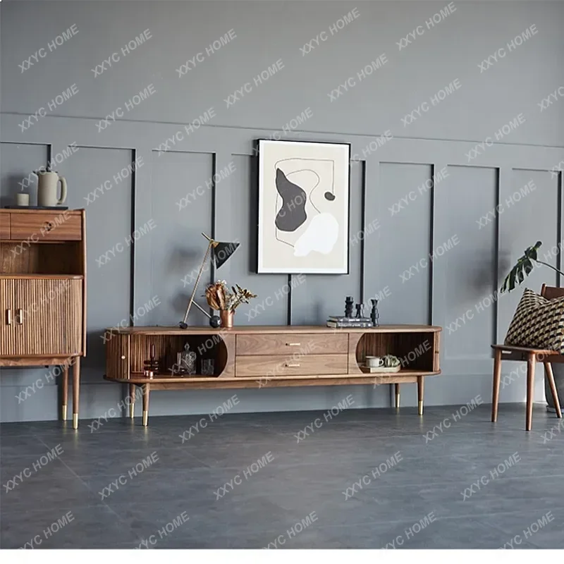 XX Black Walnut Solid Wood TV Cabinet Roller Door Arc Shape Modern  Style Living Room Storage Unit