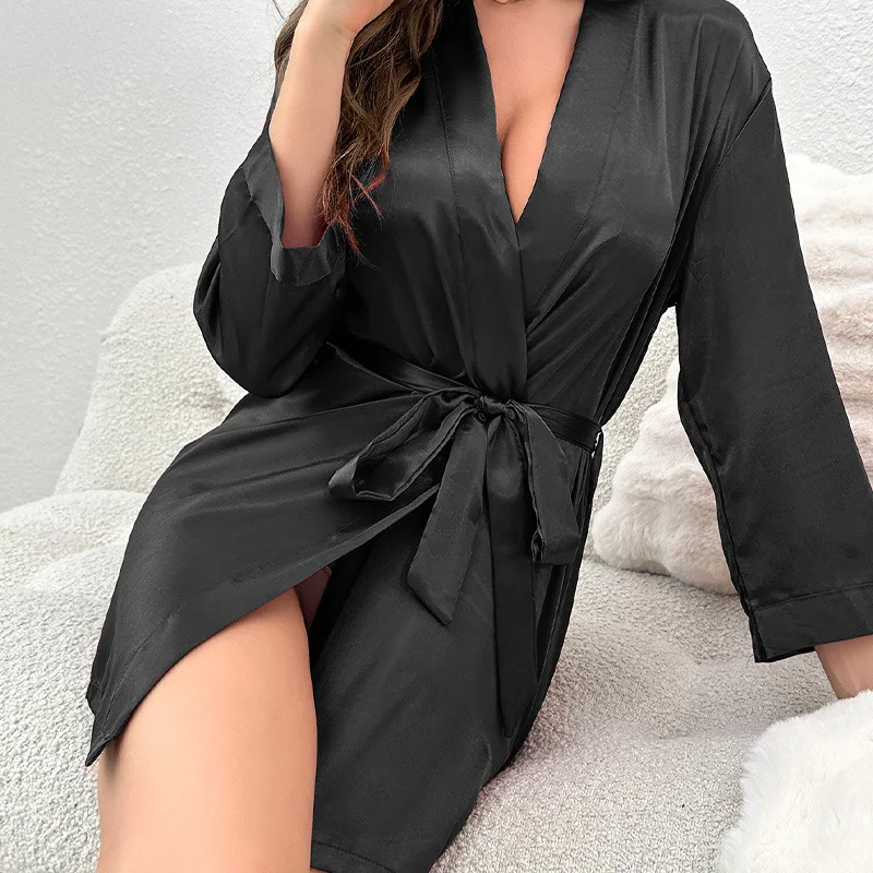 Fashion Solid Color Mid Sleeved Women's Nightgown Luxury Summer Short Lace Up Bathrobe Silk-like Thin and Sexy Pajamas Home Wear