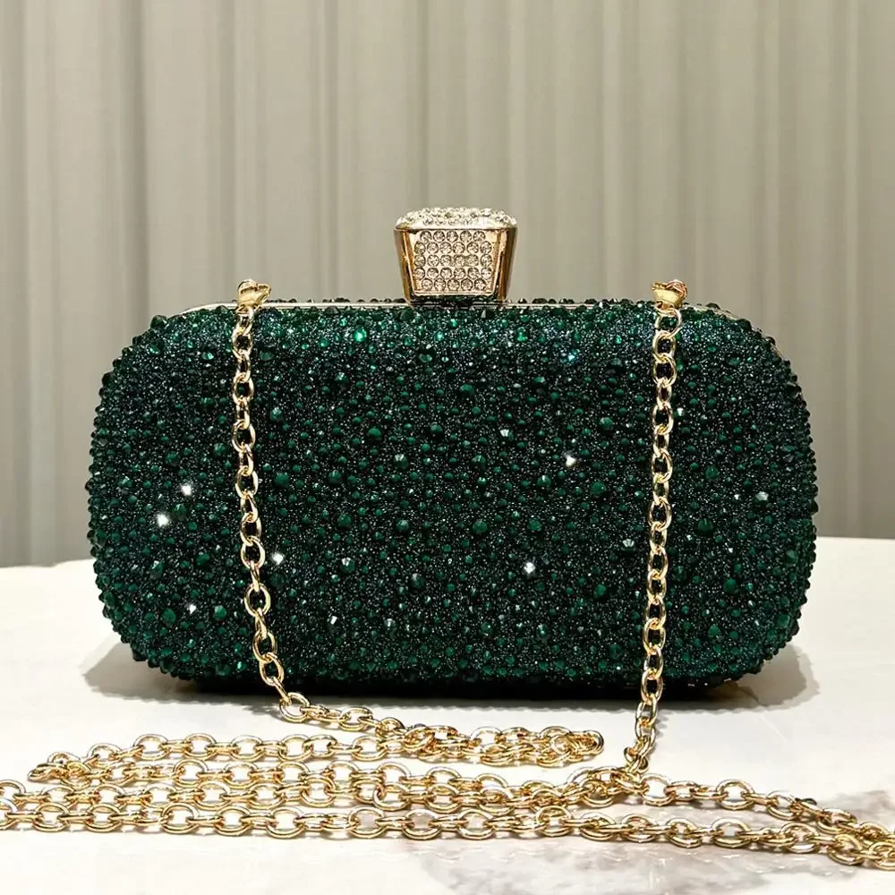 Fashion Shining Luxury Rhinestone Evening Bags Chain Shoulder Bags For Women Retro Dark Blue Green Silver Small Clutch Handbags