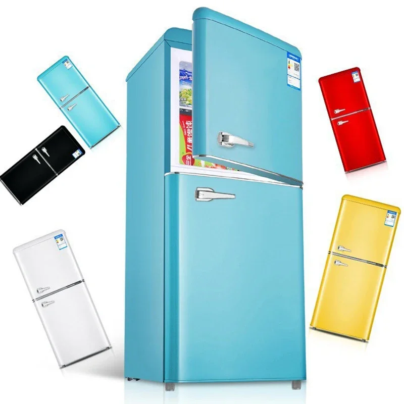 Double Door Refrigeration Freezing Mini Small Medium Silent Energy-saving Retro Refrigerators with Handle for Office Home Hotel