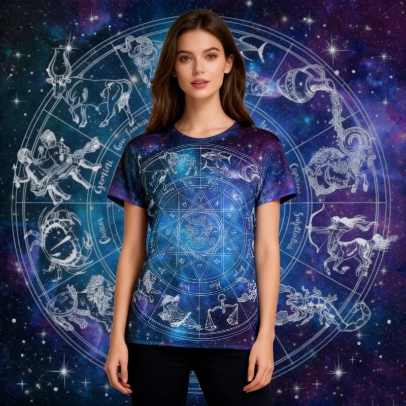

Women's 3D Zodiac Sign Print T-Shirt - Zodiac Wheel Design, Bohemian Mystery Holiday Fashion and a Magical Cosmic Gift