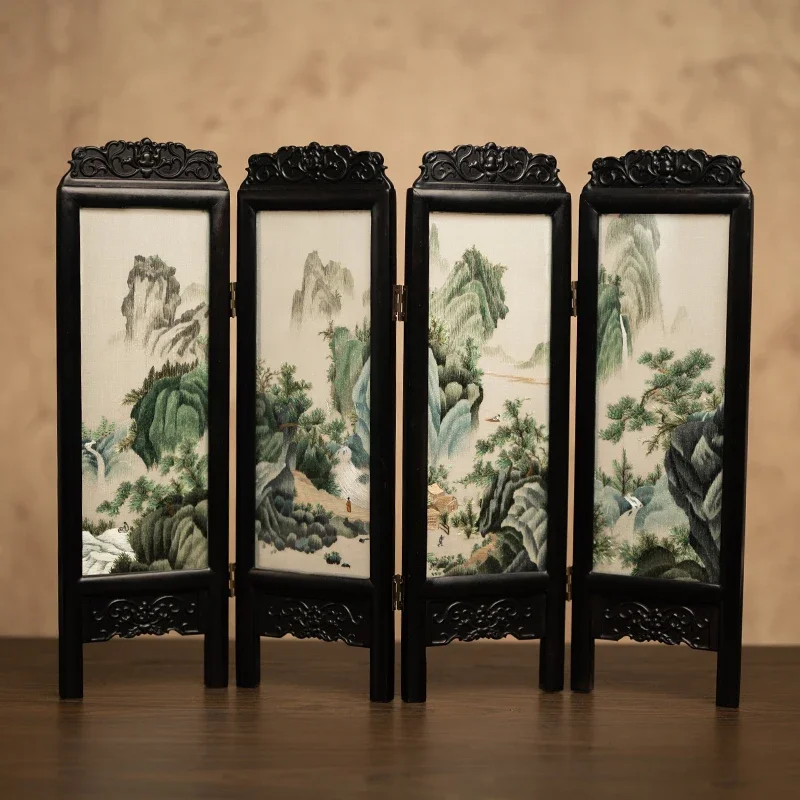 Four-screen embroidery ornament, Chinese style Suzhou embroidery desktop screen, desktop double-sided embroidery ornament