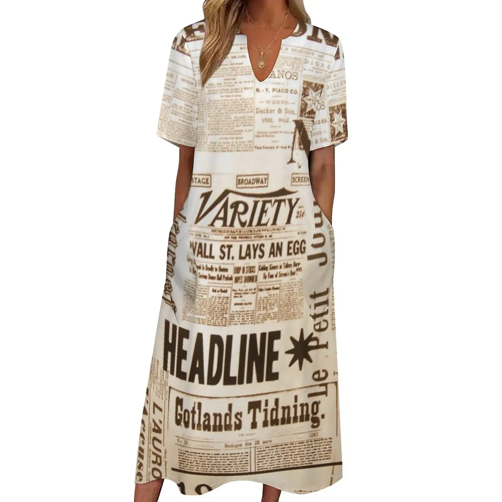 

Newspaper Design Dress Vintage Print Vintage Maxi Dress Korean Fashion Casual Long Dresses V Neck Printed Clothes Large Size