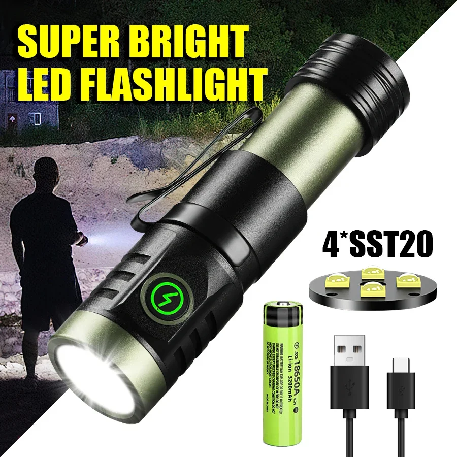 4 LED Mini Flashlight USB-C Rechargeable Flashlight 2000LM Powerful Torch  With 18650 Battery with Tail Magnet Tactical Lantern