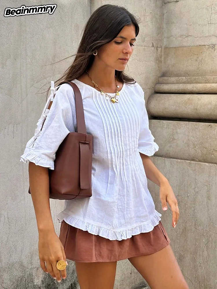 Woman Casual Solid Color Round Neck Lace Up Top Fashion White Pleated Loose Half Sleeved Shirt 2025 Spring Lady Streetwear Chic