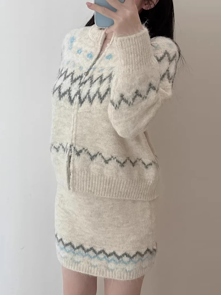 Chic Autumn Winter Knitted Sweater High Waist Skirt Set Women's Faion Contrast Color Embroidery Loose Fit Commute Sle