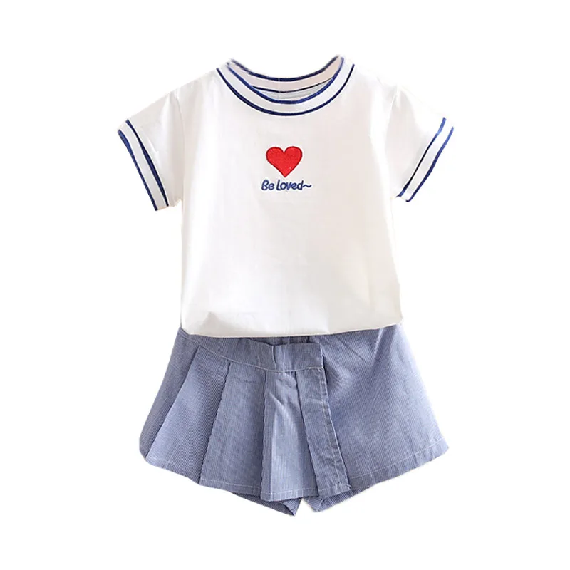 2024 Summer 3 4 5 6 7 8 10 12 Years Children Letter Heart Short Sleeve Letter Heart T-Shirt+Skirt 2 Pieces Set For Kids Girl