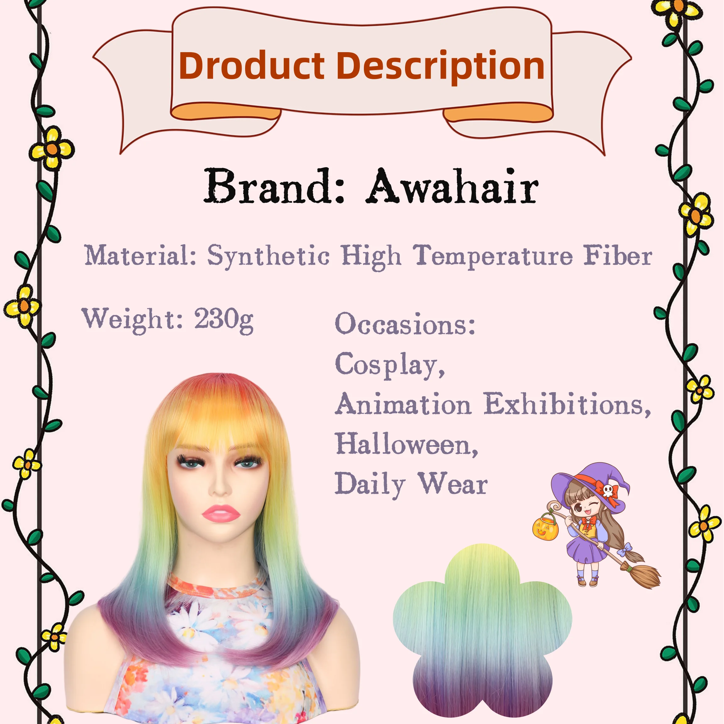 Awahair-Peruca sintética reta curta com franja para mulheres, cabelo resistente ao calor, cabelo médio longo, colorido, cosplay diário