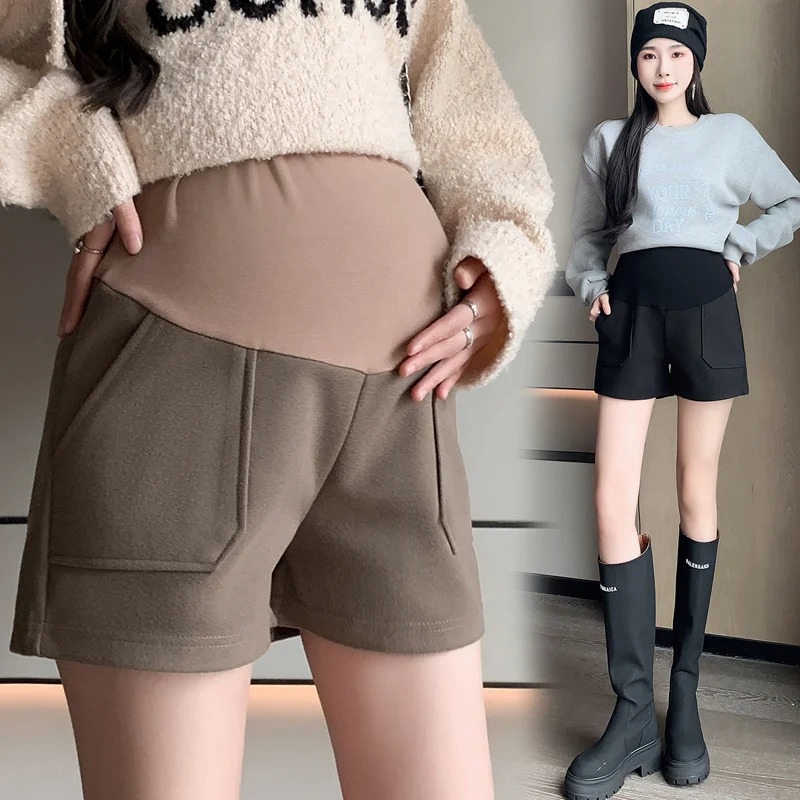 

Maternity Winter Shorts Belly Pants Thick Warm Woolen Trousers Fashion Wide Legs Pregnant Woman Loose Bootcuts with Big Pockets