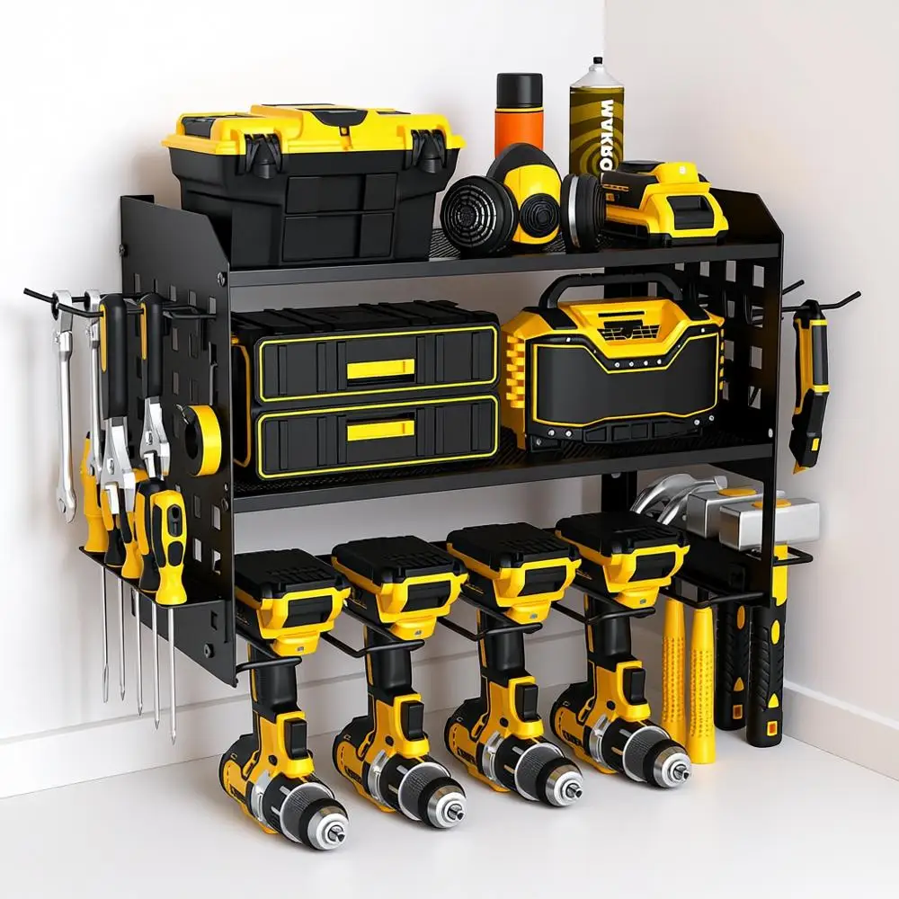 

Настенный органайзер для инструментов повышенной прочности, 3-х уровневый, с 4 держателями для дрелей, стеллаж для хранения инструментов в гараже с 2 боковыми перфорированными панелями и крючками