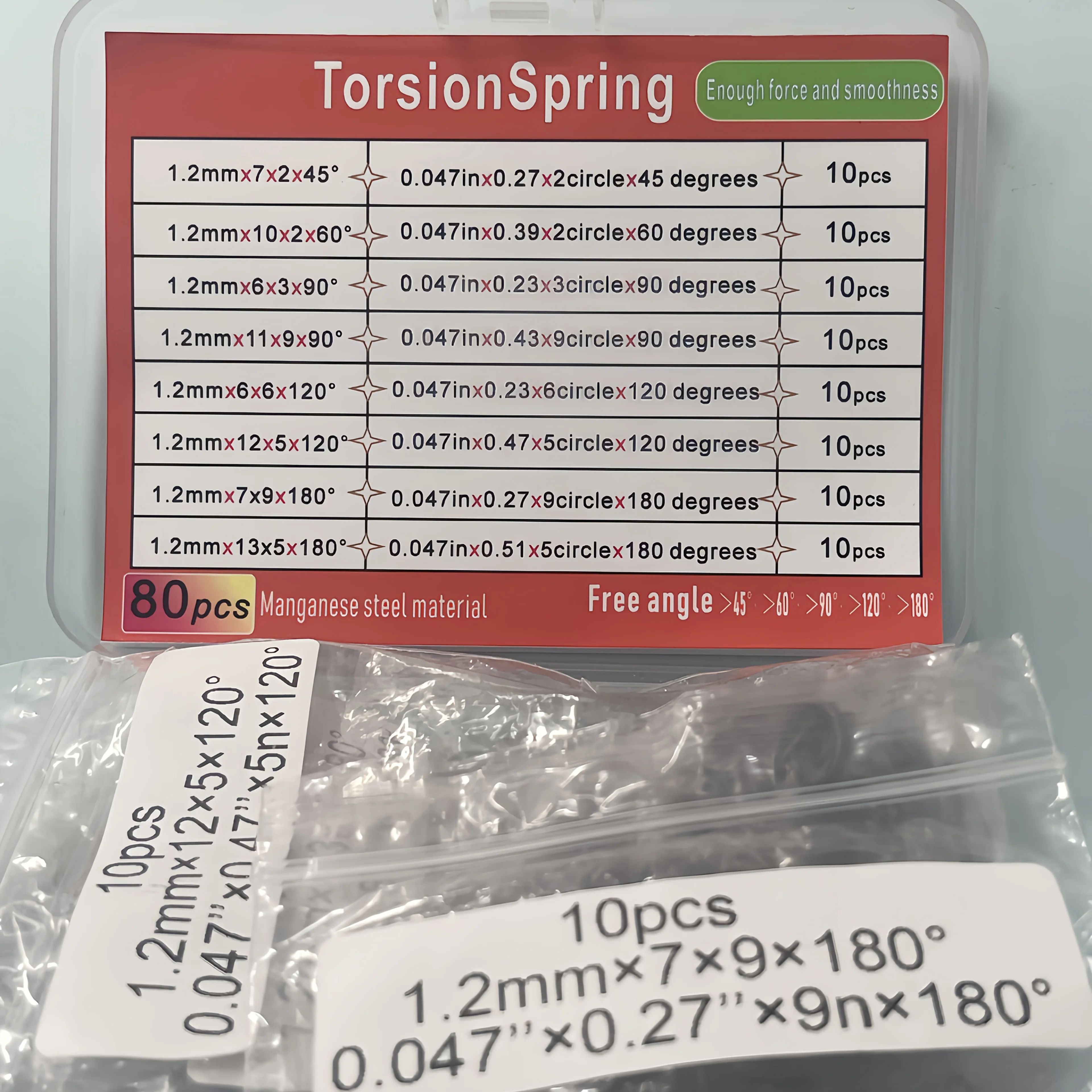 

80pcs 1.2mm Wire Diameter Torsion Spring Set - 8 Sizes, Heavy-Duty Rust-Proof Spring Steel, Metric/Imperial Scales, for DIY, Aut