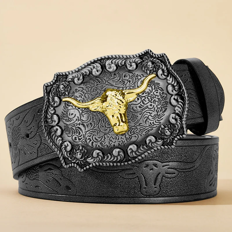 Men's and Women's Clothing — Western Cowboy Style PU Leather Belt — Vintage Belt with Printed Buckle for Jeans view 2