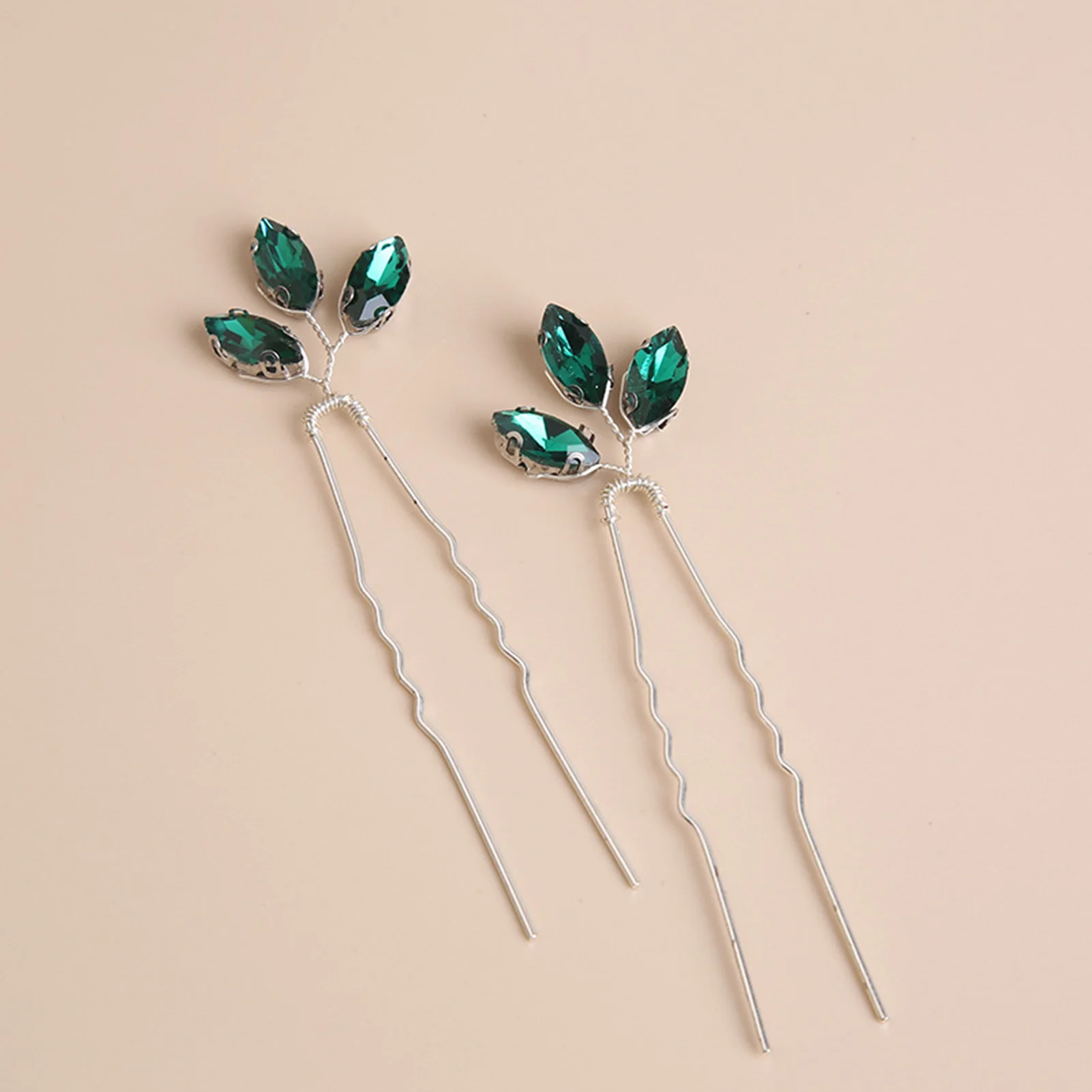 Crystal Hairpin Wedding Hair Accessories Green Leaf U-shaped Hair Clip Forks Simple Bridal Prom Tiara Marriage Hair Jewelry Gift