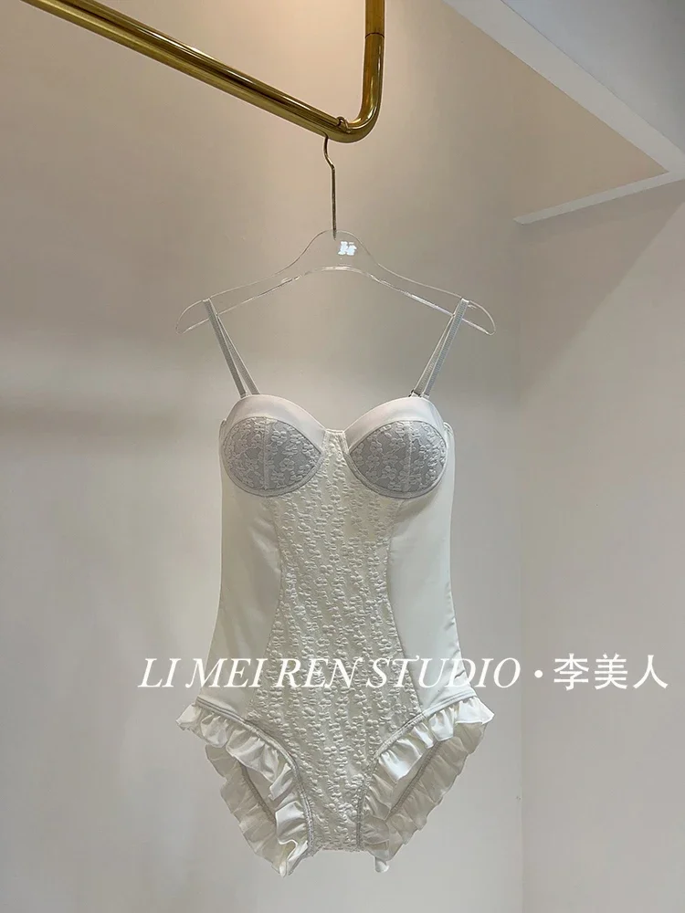 New white slimming and sexy gathering lace camisole one-piece swimsuit for women