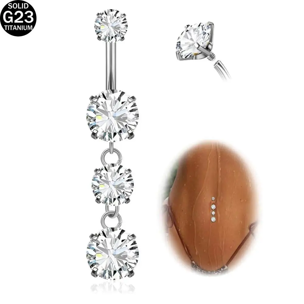 1Pcs Belly Button Rings G23 Titanium Belly Piercing Navel Rings CZ Curved Barbell Internally Threaded Dangling Belly Jewelry