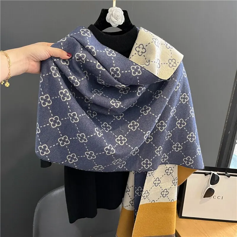 Thick Winter Poncho Women Scarf Luxury Floral Warm Shawl and Wrap Cashmere Like Pashmina Blacnket Design Stoles Bufanda Echarpe